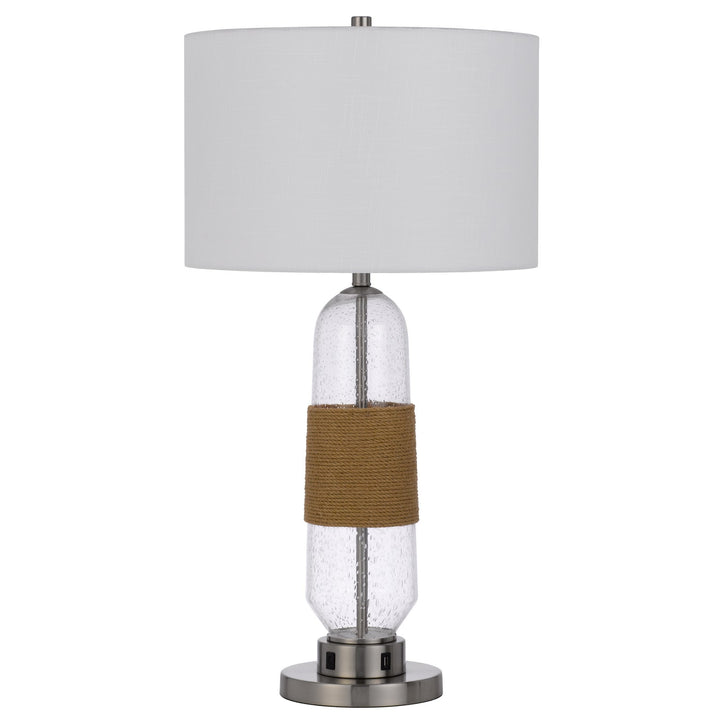 Antique Hardware 150W 3 WAY EVERETT BUBBLED GLASS TABLE LAMP WITH BURLAP DESIGN AND DRUM FABRIC SHADE. EQUIPPED WITH 1 USB AND 1 USB-C CHARGING PORTS Table Lamp