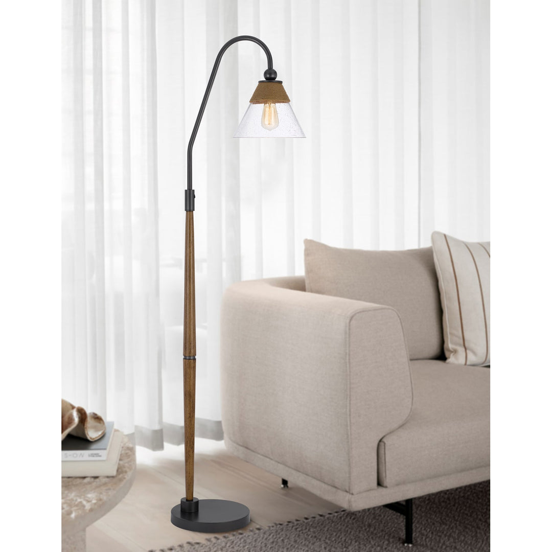 ##Antique Hardware## 60W HINTON DOWNBRIDGE METAL FLOOR LAMP WITH FAUX WOOD POLE AND GLASS SHADE
