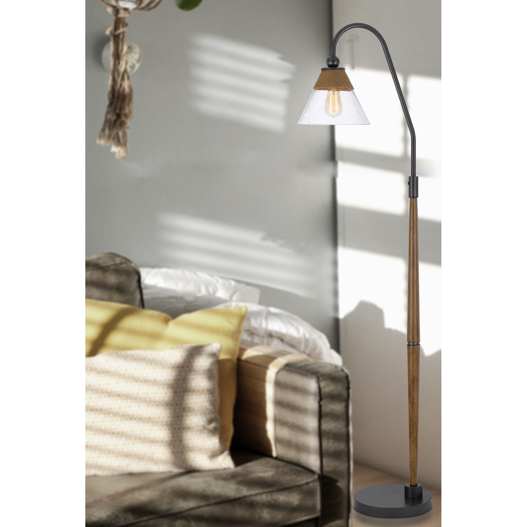 ##Antique Hardware## 60W HINTON DOWNBRIDGE METAL FLOOR LAMP WITH FAUX WOOD POLE AND GLASS SHADE