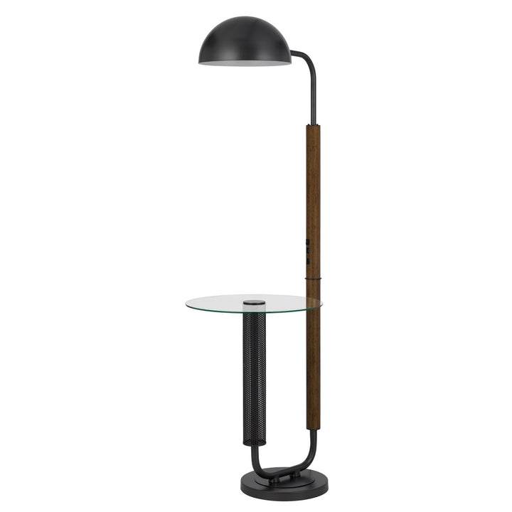 ##Antique Hardware## 100W KEYSER METAL FLOOR LAMP WITH FAUX WOOD POLE AND GLASS TRAY TABLE AND METAL SHADE. EQUIPPED WITH 1 USB AND 1 USB-C CHARGING PORTS