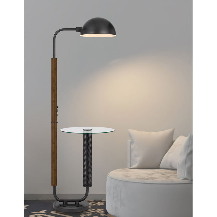 ##Antique Hardware## 100W KEYSER METAL FLOOR LAMP WITH FAUX WOOD POLE AND GLASS TRAY TABLE AND METAL SHADE. EQUIPPED WITH 1 USB AND 1 USB-C CHARGING PORTS