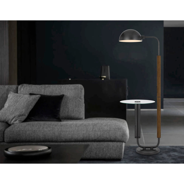 ##Antique Hardware## 100W KEYSER METAL FLOOR LAMP WITH FAUX WOOD POLE AND GLASS TRAY TABLE AND METAL SHADE. EQUIPPED WITH 1 USB AND 1 USB-C CHARGING PORTS