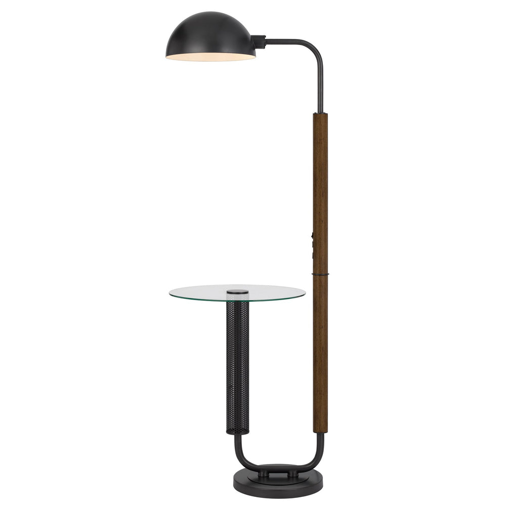 ##Antique Hardware## 100W KEYSER METAL FLOOR LAMP WITH FAUX WOOD POLE AND GLASS TRAY TABLE AND METAL SHADE. EQUIPPED WITH 1 USB AND 1 USB-C CHARGING PORTS
