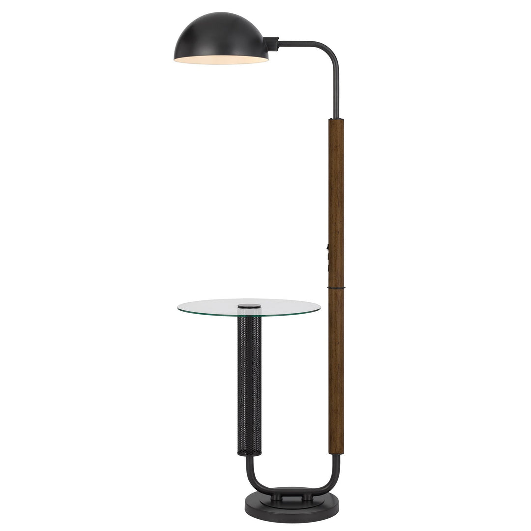 ##Antique Hardware## 100W KEYSER METAL FLOOR LAMP WITH FAUX WOOD POLE AND GLASS TRAY TABLE AND METAL SHADE. EQUIPPED WITH 1 USB AND 1 USB-C CHARGING PORTS