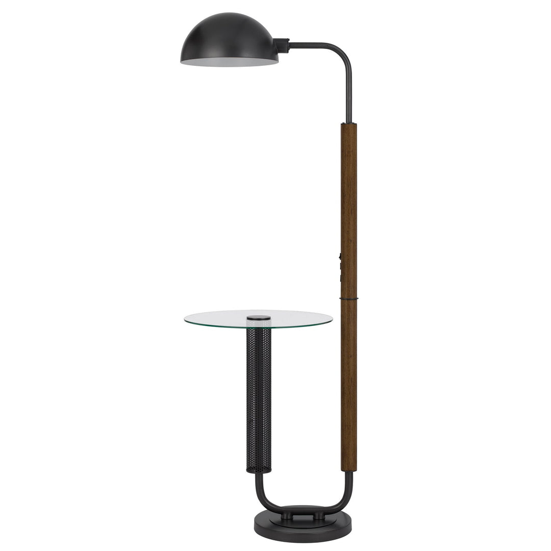 ##Antique Hardware## 100W KEYSER METAL FLOOR LAMP WITH FAUX WOOD POLE AND GLASS TRAY TABLE AND METAL SHADE. EQUIPPED WITH 1 USB AND 1 USB-C CHARGING PORTS