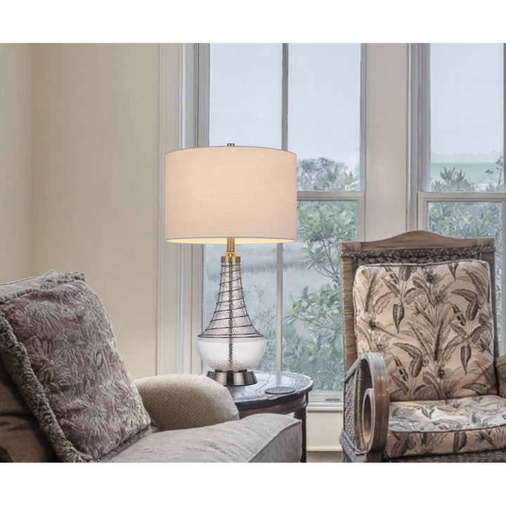 Antique Hardware 150W 3 WAY BARABOO GLASS TABLE LAMP WITH WIRE GUARD DESIGN AND DRUM FABRIC SHADE Table Lamp