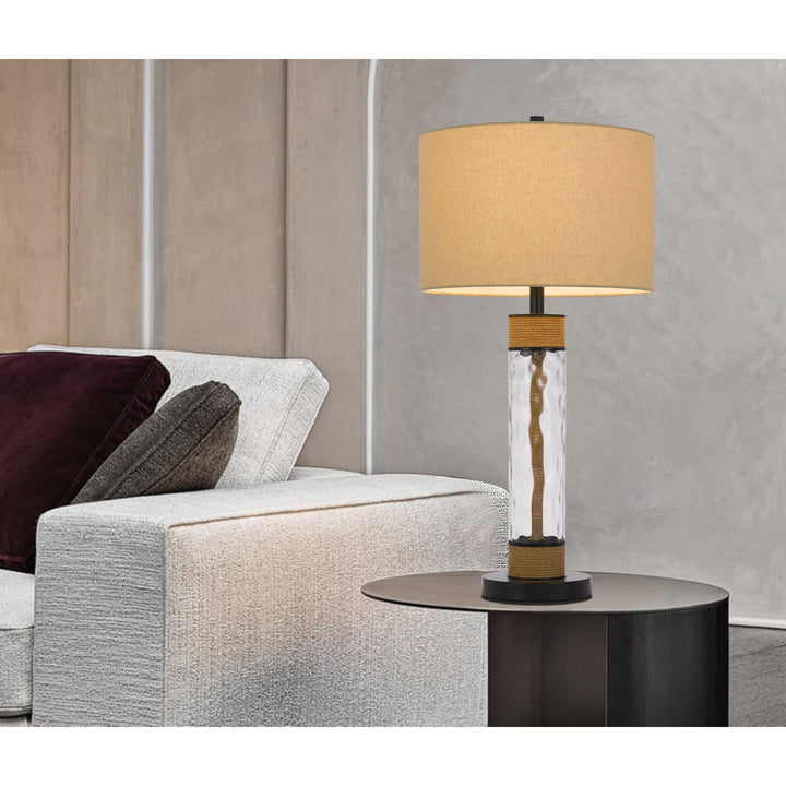 ##Antique Hardware## 150W 3 WAY BARTOW GLASS/METAL TABLE LAMP WITH BURLAP DESIGN AND DRUM BURLAP SHADE