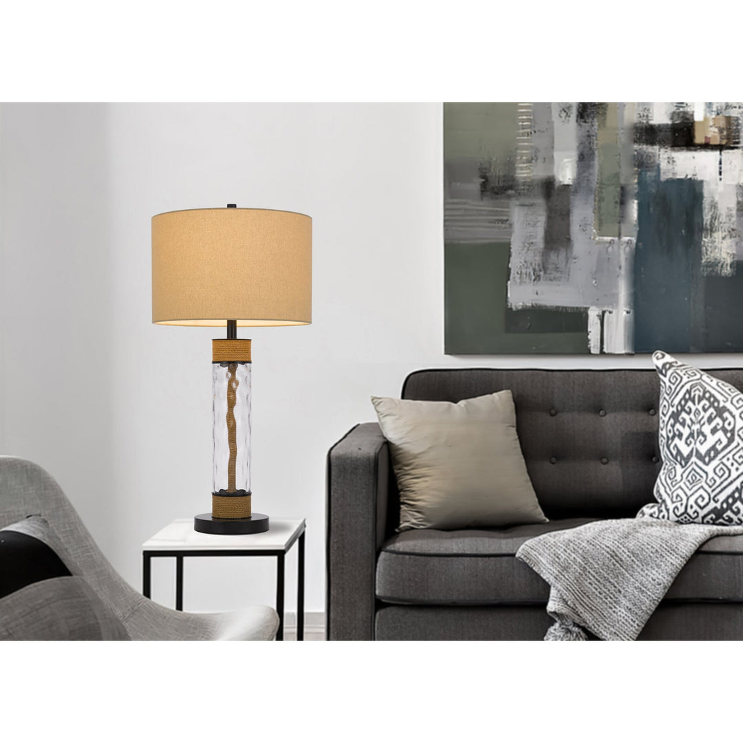 ##Antique Hardware## 150W 3 WAY BARTOW GLASS/METAL TABLE LAMP WITH BURLAP DESIGN AND DRUM BURLAP SHADE