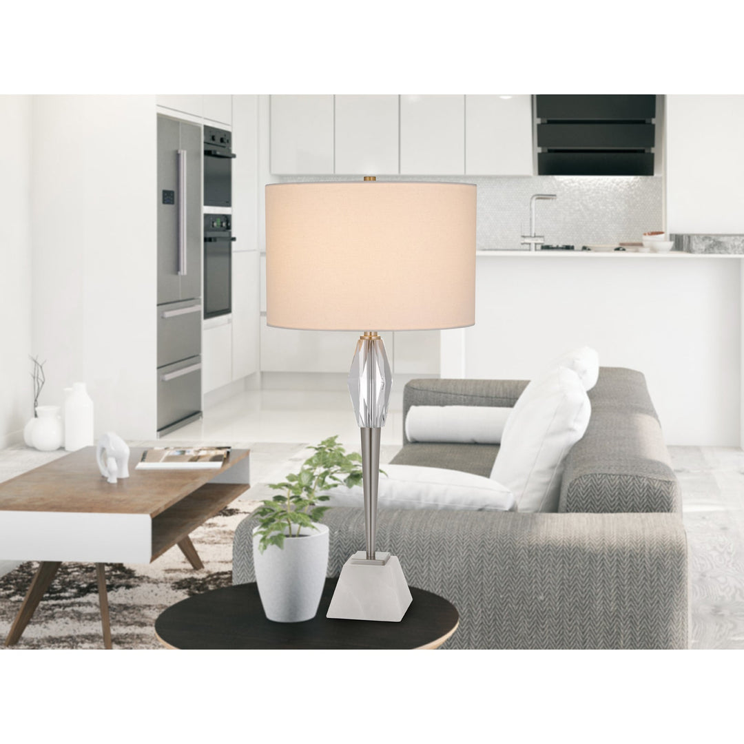 ##Antique Hardware## 150W 3 WAY ASSEN METAL TABLE LAMP WITH CRYSTAL FONT / MARBLE BASE AND DRUM HARDBACK FABRIC SHADE