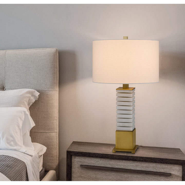 Antique Hardware 150W 3 WAY CRANBOURNE METAL/MARBLE TABLE LAMP WITH DRUM HARDBACK FABRIC SHADE Table Lamp