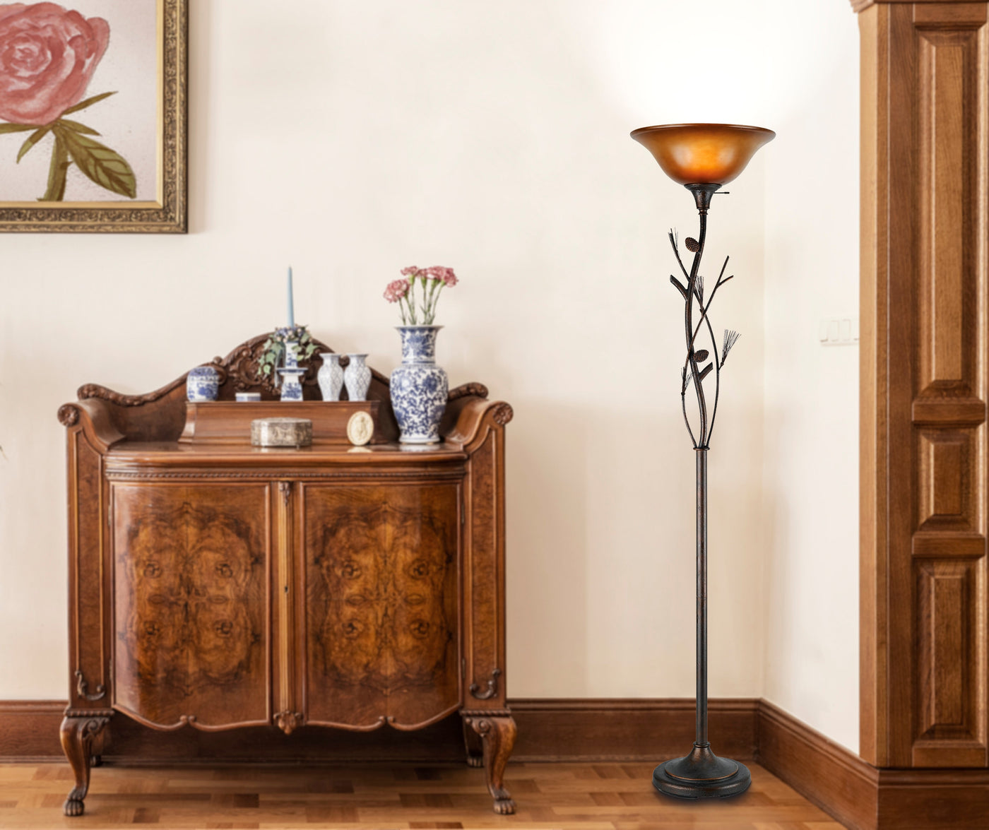 Antique Hardware 150W 3 WAY PINECONE TORCH W/GLS SHD Floor Lamp