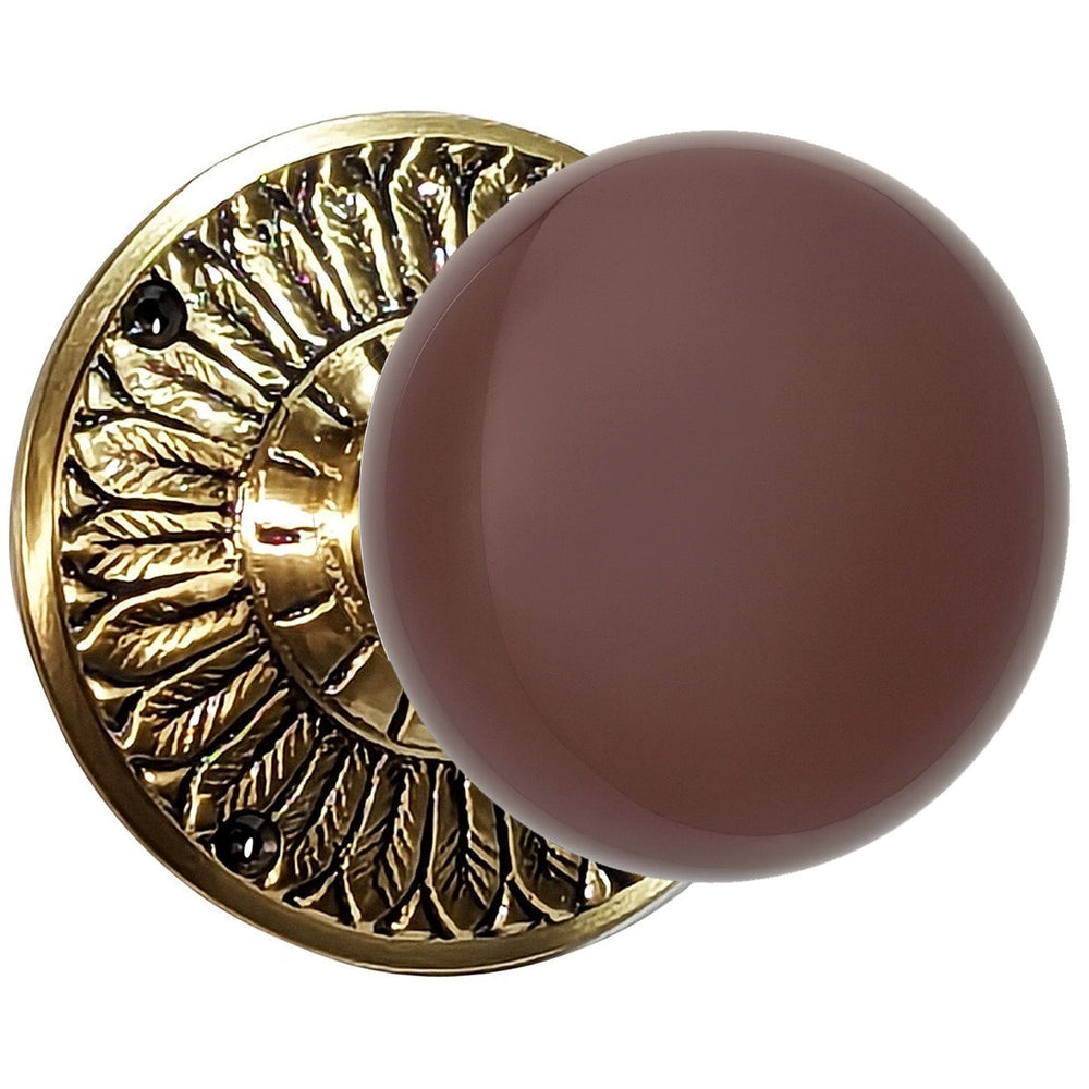 ##Antique Hardware## Brown Porcelain Door Knob with Brass Feathers Rosette