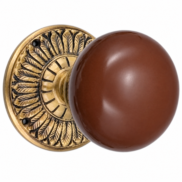 Brown Porcelain Door Knob with Brass Feathers Rosette