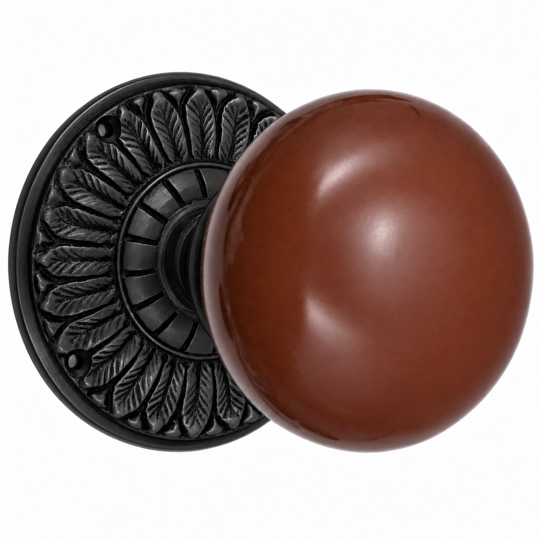 Brown Porcelain Door Knob with Brass Feathers Rosette