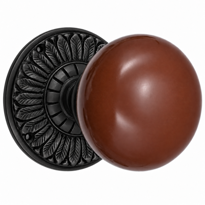 Brown Porcelain Door Knob with Brass Feathers Rosette