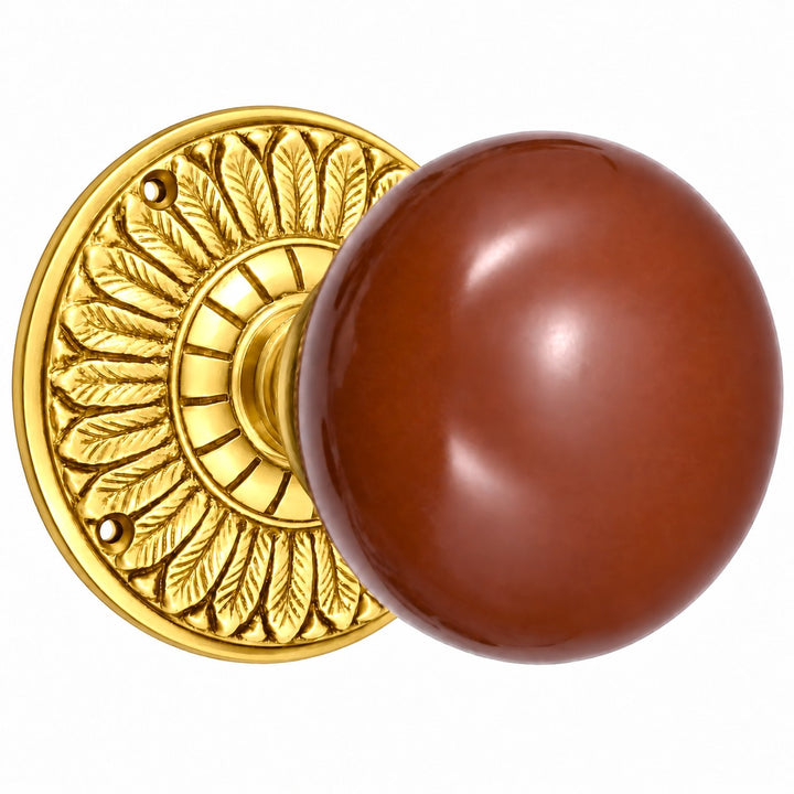 Brown Porcelain Door Knob with Brass Feathers Rosette