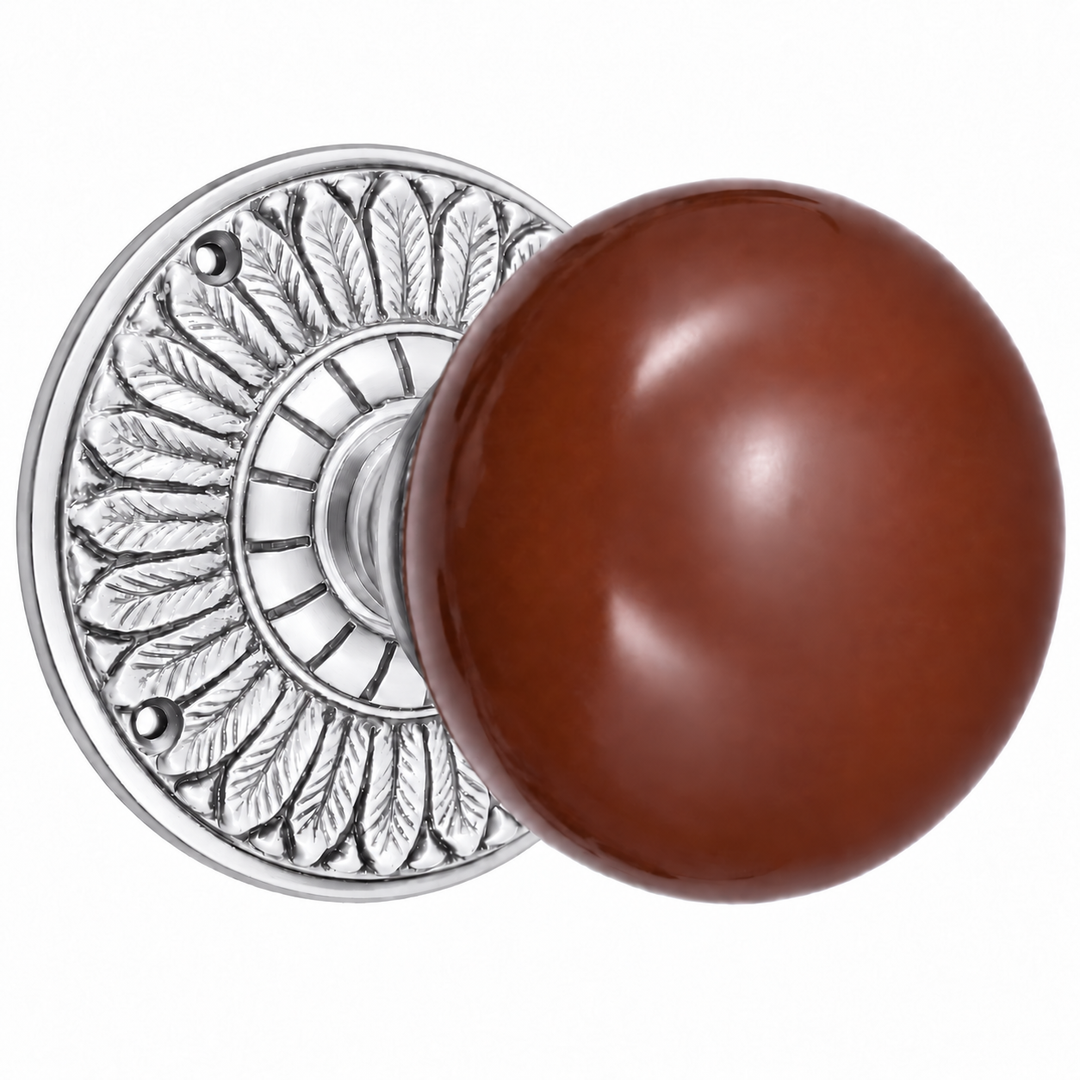 Brown Porcelain Door Knob with Brass Feathers Rosette
