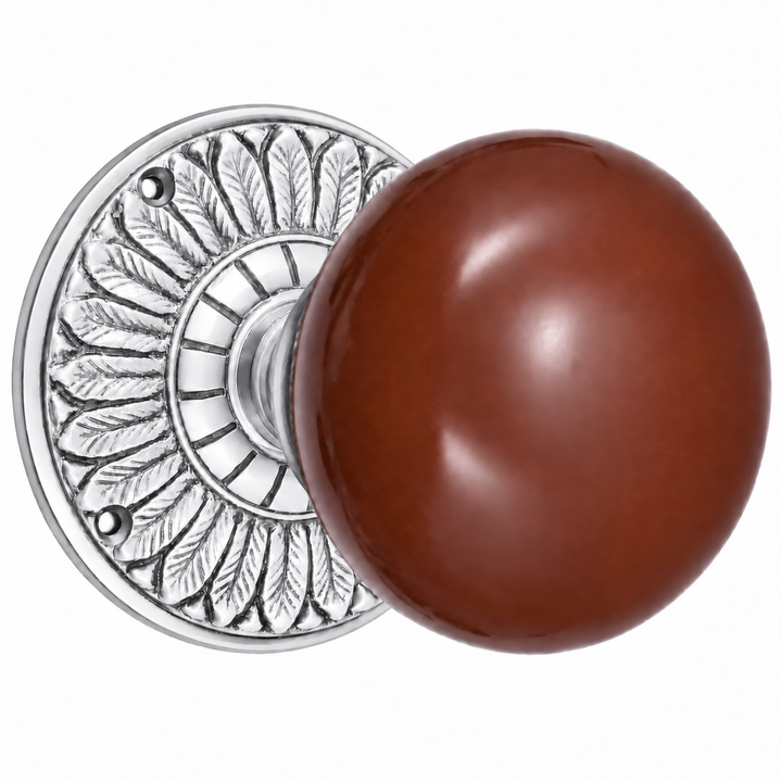 Brown Porcelain Door Knob with Brass Feathers Rosette