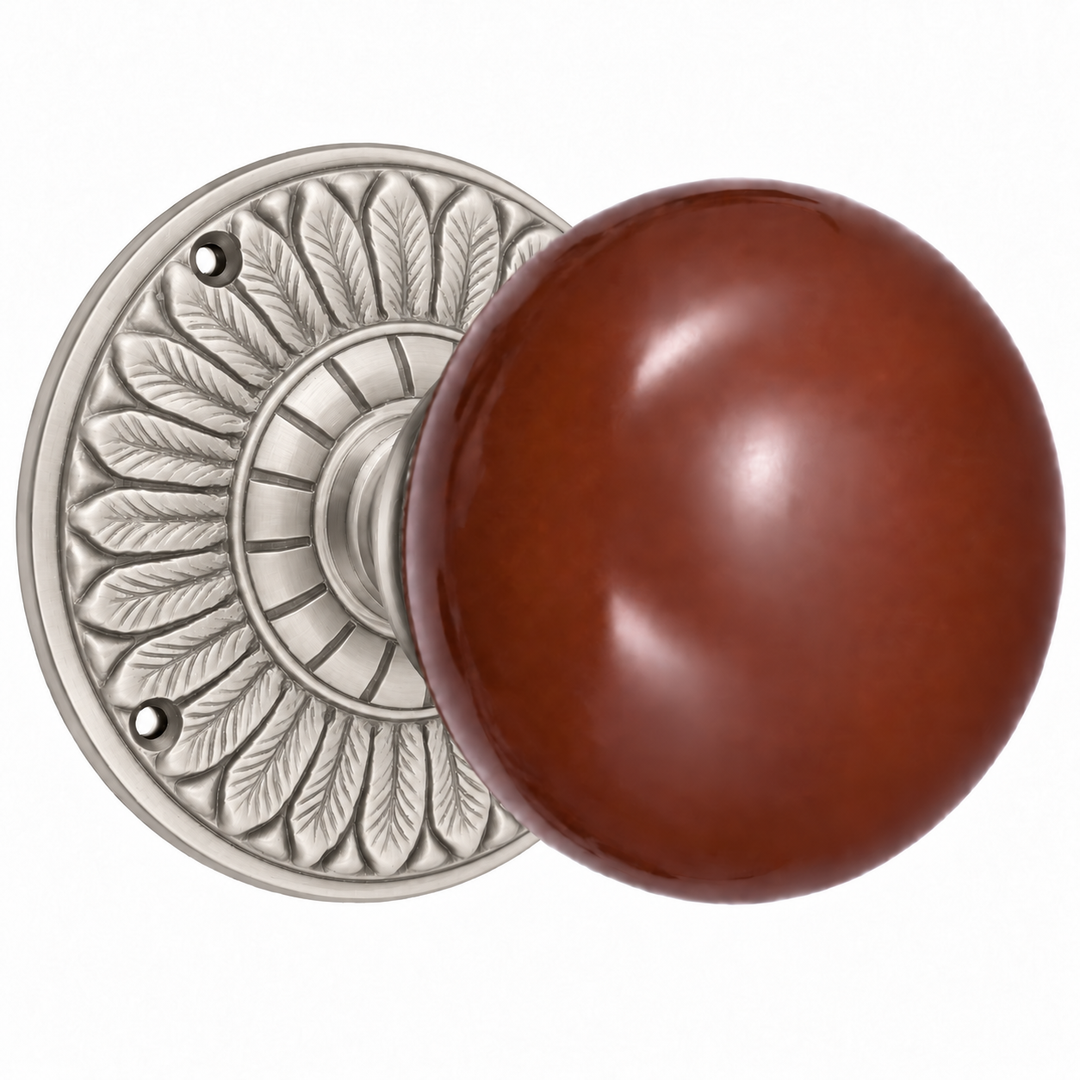 Brown Porcelain Door Knob with Brass Feathers Rosette