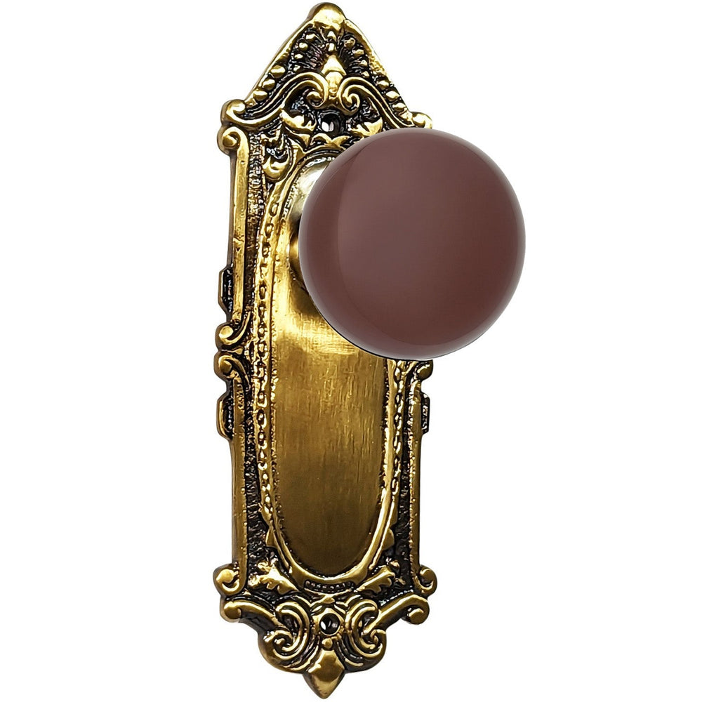 ##Antique Hardware## Brown Porcelain Door Knob Set with Largo Design Backplate