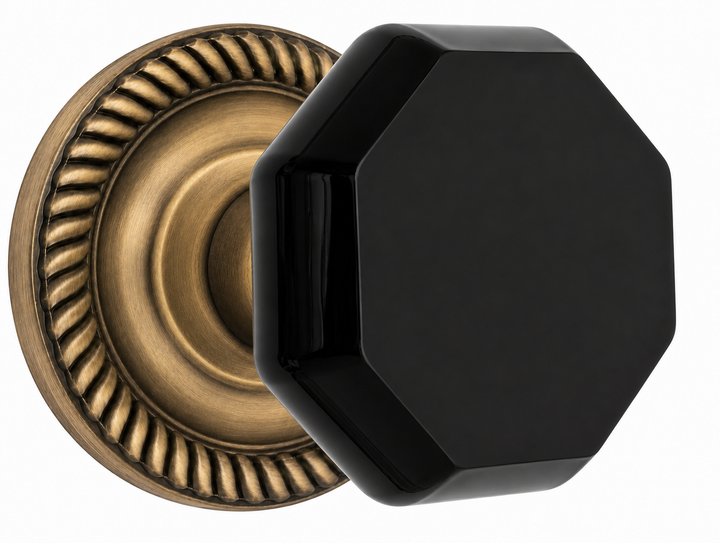 Georgian Roped Rosette with Black Octagon Crystal Door Knobs (Several Finishes Available)