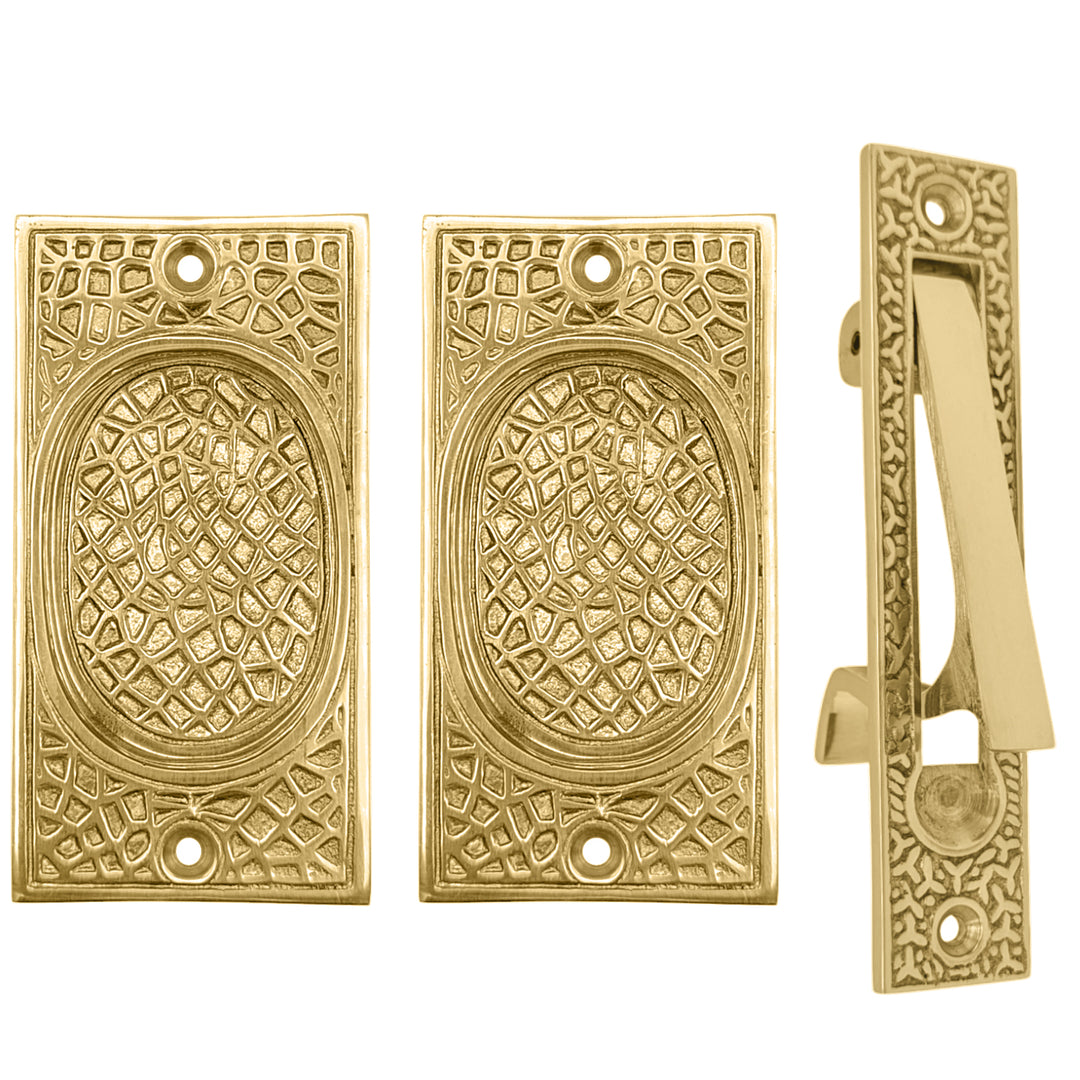 ##Antique Hardware## Arts & Crafts Pattern Pocket Door Set (Several Finishes Available)