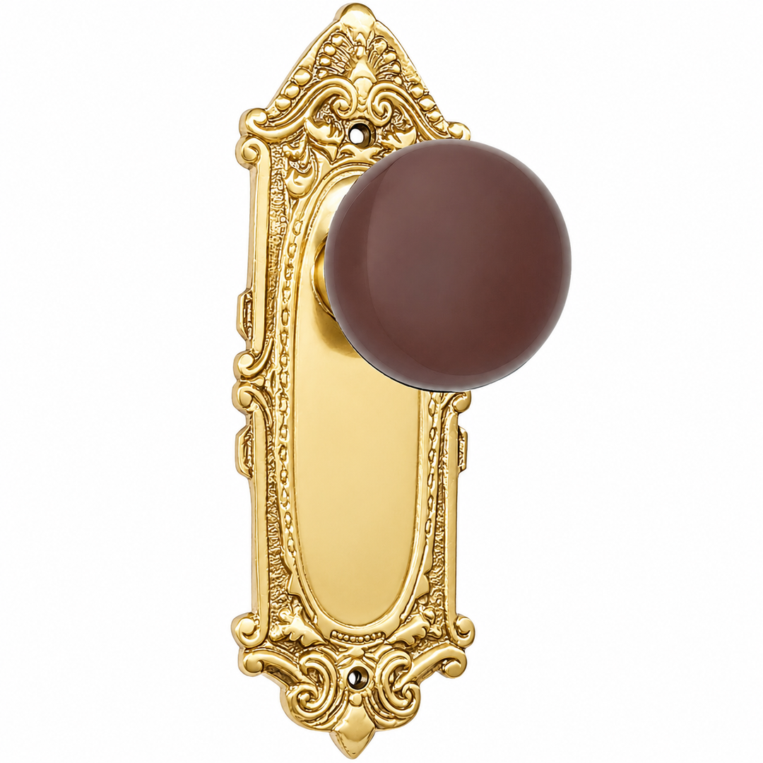 Brown Porcelain Door Knob Set with Largo Design Backplate