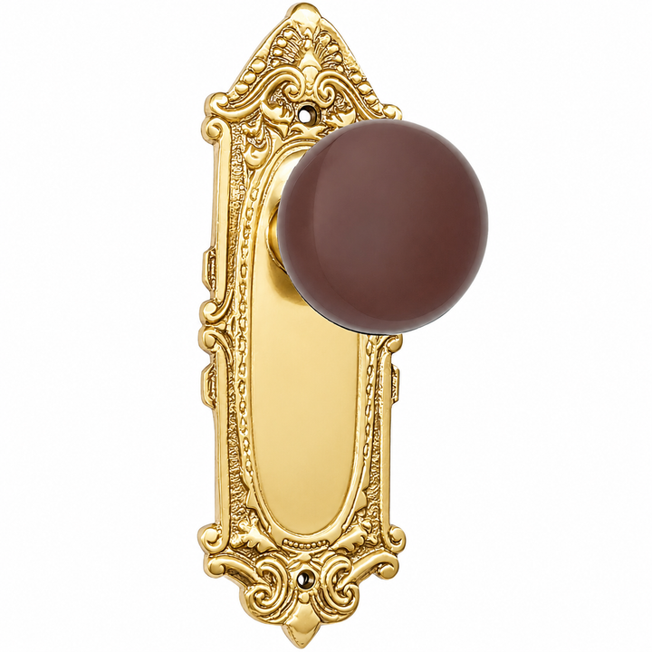 Brown Porcelain Door Knob Set with Largo Design Backplate