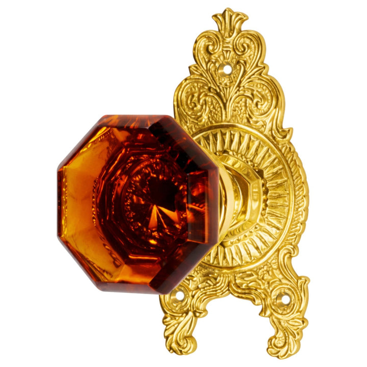 Ornate Victorian Rosette Door Set with Octagon Amber Glass Door Knobs (Several Finishes Available)