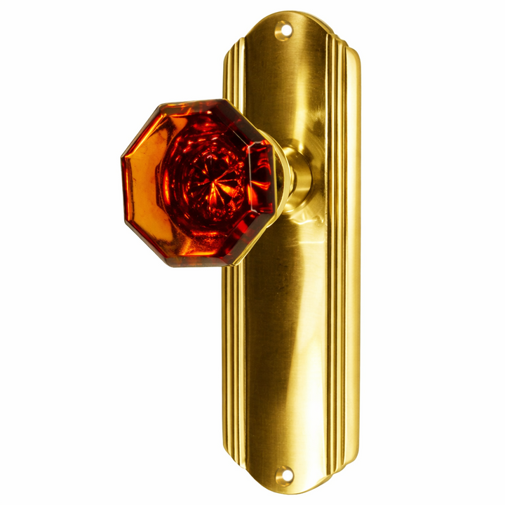 Art Deco Long Backplate Door Set with Octagon Amber Glass Door Knobs (Several Finishes Available)