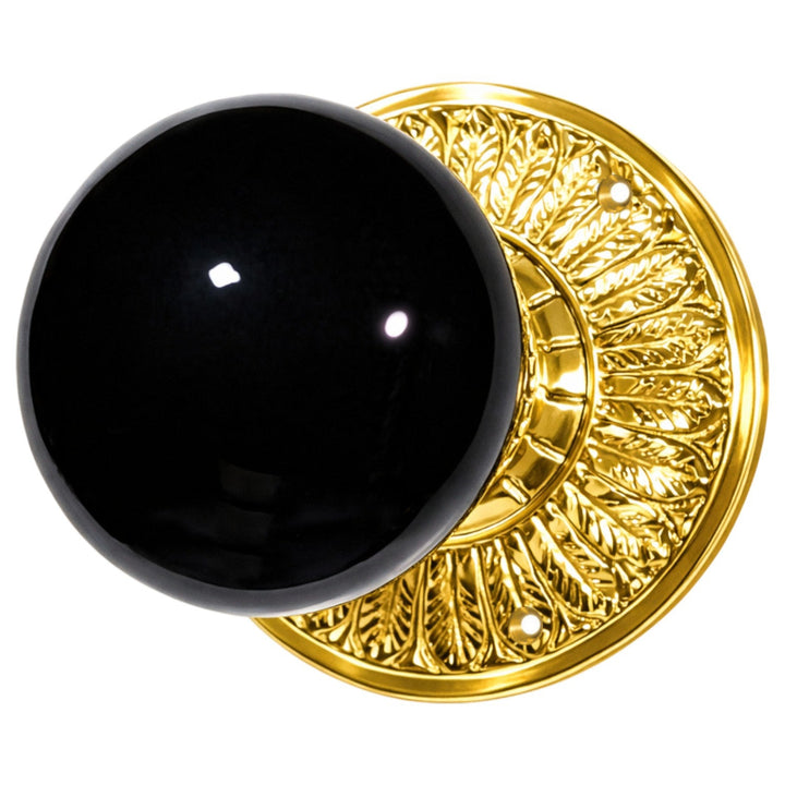 Feather Rosette Door Set with Black Porcelain Door Knobs (Several Finishes Available)