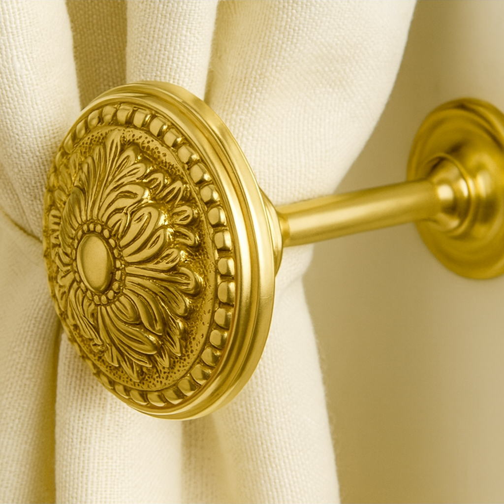 Solid Brass Curtain Tie Back - Large Baroque Button Style (Several Finishes Available)