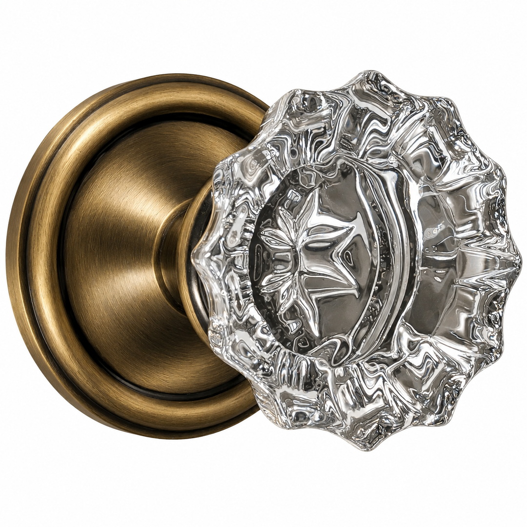 Traditional Rosette Door Set with Fluted Crystal Door Knobs (Several Finishes Available)