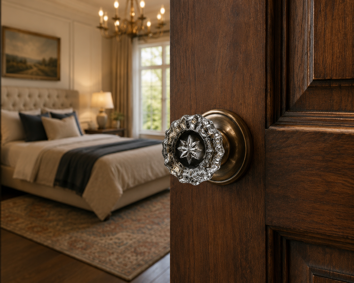 Traditional Rosette Door Set with Fluted Crystal Door Knobs (Several Finishes Available)