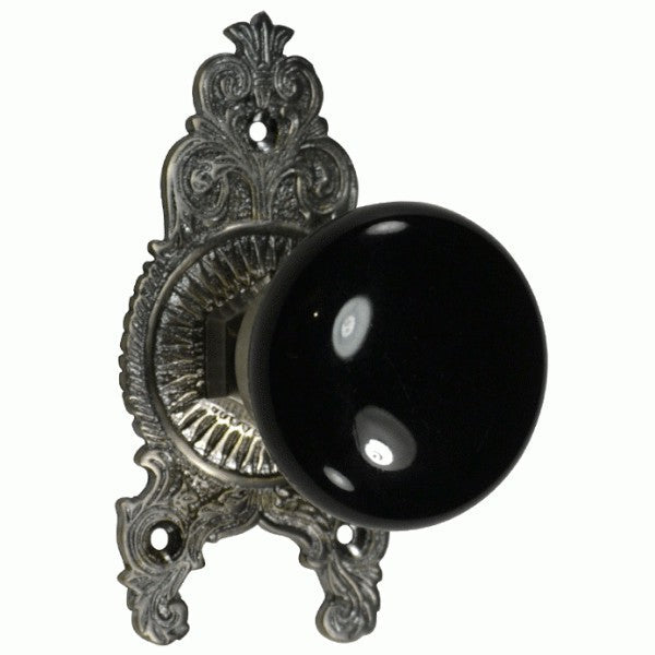 Ornate Victorian Rosette Door Set with Black Porcelain Door Knobs (Several Finishes Available)