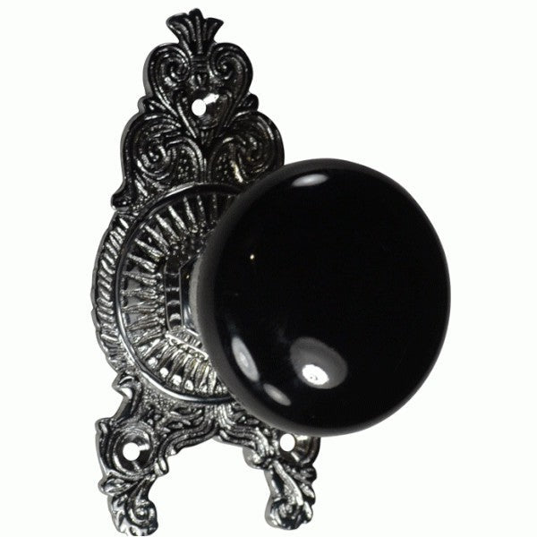 Ornate Victorian Rosette Door Set with Black Porcelain Door Knobs (Several Finishes Available)