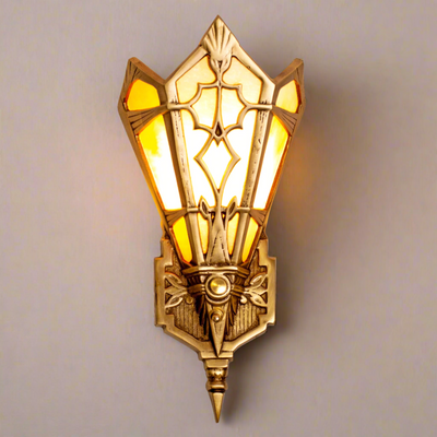 ##Antique Hardware## 14 Inch Art Deco Stained Glass Shade Amber Wall Sconce