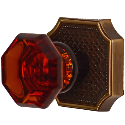 Basket Weave Rosette Door Set with Octagon Amber Glass Door Knobs (Several Finishes Available)
