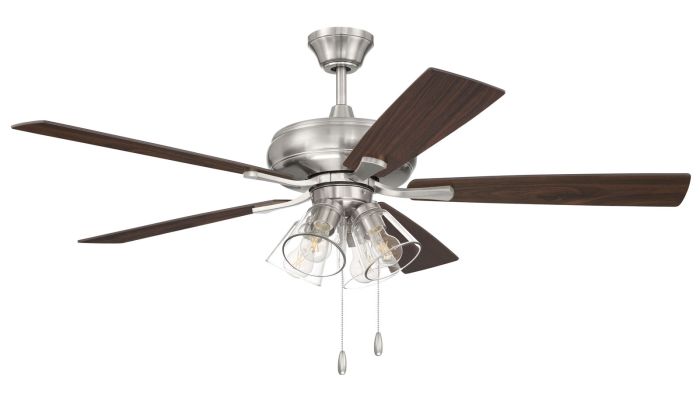 Antique Hardware 52" Eos Clear 4 Light in Brushed Polished Nickel w/ Driftwood/Walnut Blades Ceiling Fan