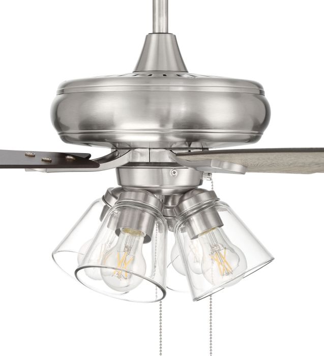 Antique Hardware 52" Eos Clear 4 Light in Brushed Polished Nickel w/ Driftwood/Walnut Blades Ceiling Fan