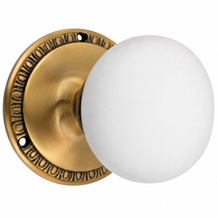 Egg & Dart Rosette Door Set with White Porcelain Door Knobs (Several Finishes Available)