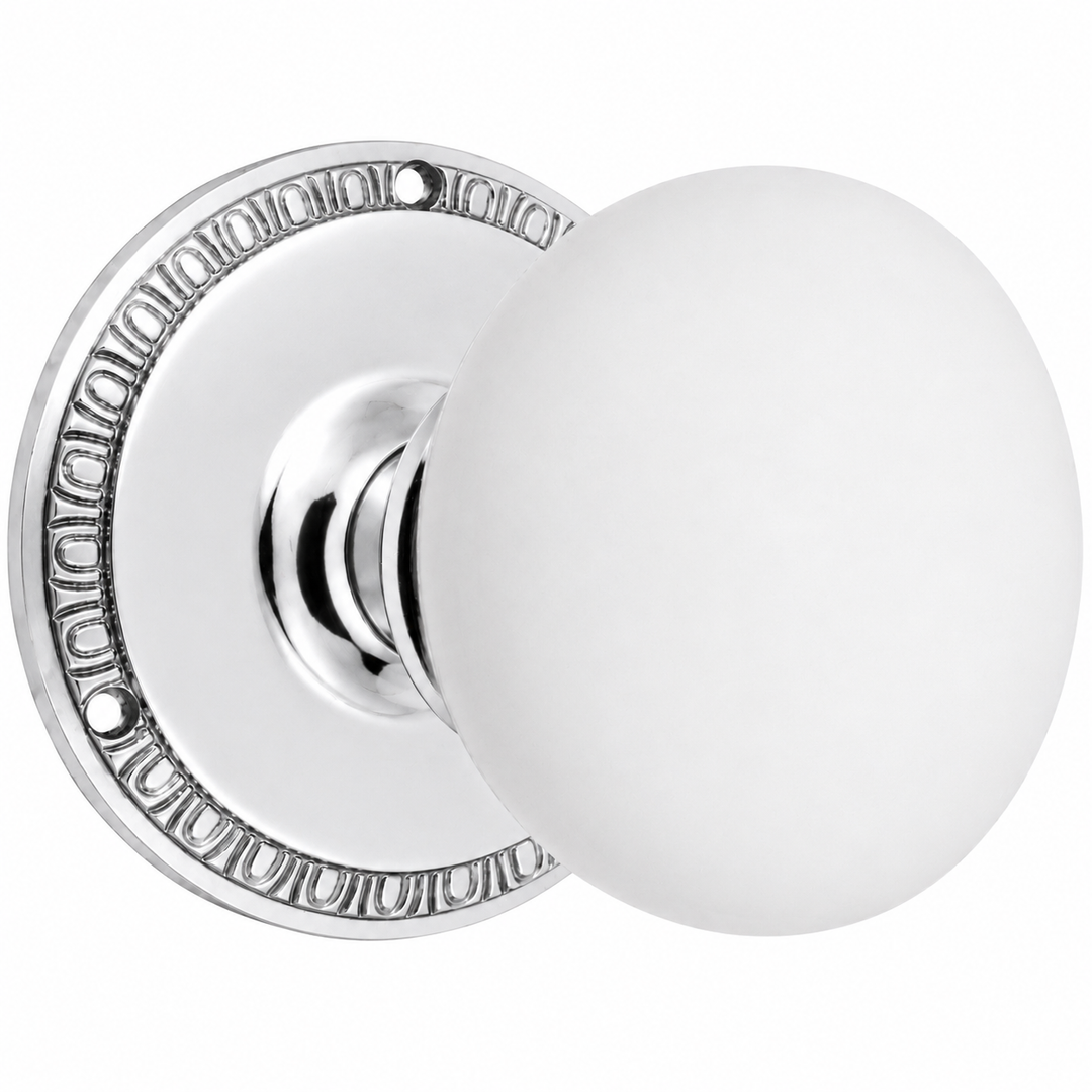 Egg & Dart Rosette Door Set with White Porcelain Door Knobs (Several Finishes Available)