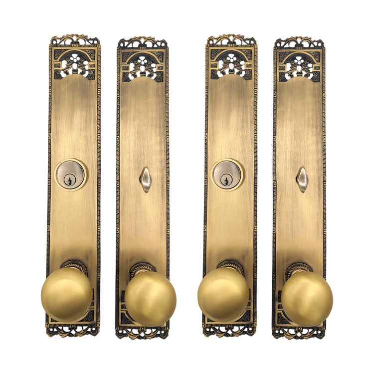 ##Antique Hardware## Long Cornice Plate Double Door Deadbolt Entryway Set