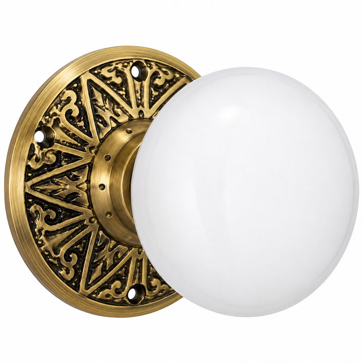 Eastlake Rosette Door Set with White Porcelain Door Knobs (Several Finishes Available)