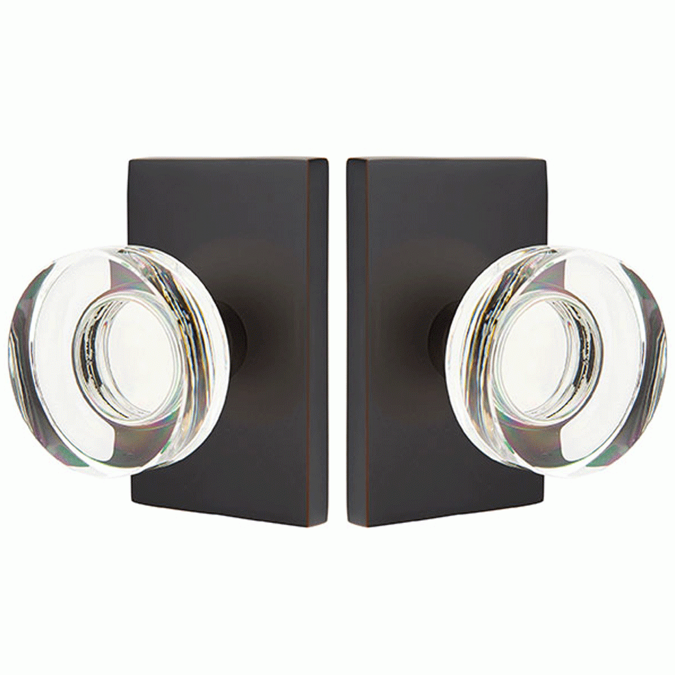 Antique Hardware Emtek Modern Disc Crystal Door Knob Set With Modern Rectangular Rosette (Several Finish Options) EMTEK GLASS CRYSTAL MODERN DISC DOOR KNOB