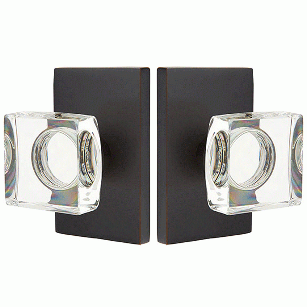 Antique Hardware Emtek Modern Square Crystal Door Knob Set With Modern Rectangular Rosette (Several Finish Options) EMTEK GLASS CRYSTAL MODERN SQUARE DOOR KNOB