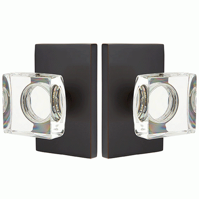 Antique Hardware Emtek Modern Square Crystal Door Knob Set With Modern Rectangular Rosette (Several Finish Options) EMTEK GLASS CRYSTAL MODERN SQUARE DOOR KNOB