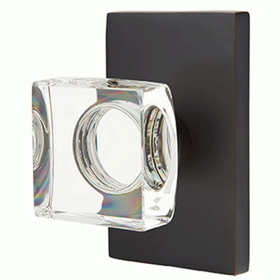 Antique Hardware Emtek Modern Square Crystal Door Knob Set With Modern Rectangular Rosette (Several Finish Options) EMTEK GLASS CRYSTAL MODERN SQUARE DOOR KNOB