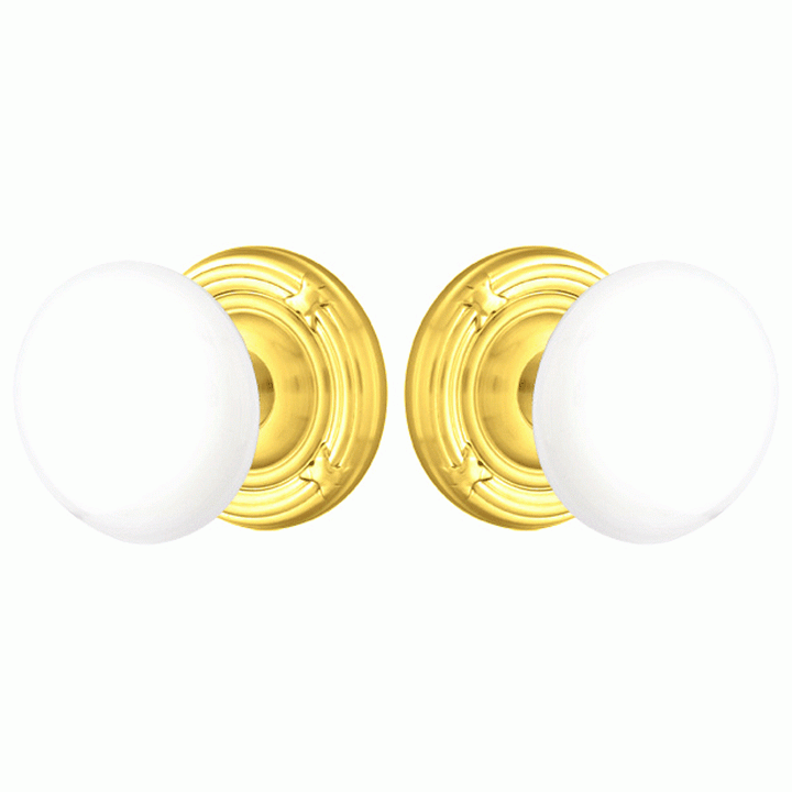 ##Antique Hardware## Ice White Porcelain Door Knob Set With Ribbon & Reed Rosette (Several Finish Options)