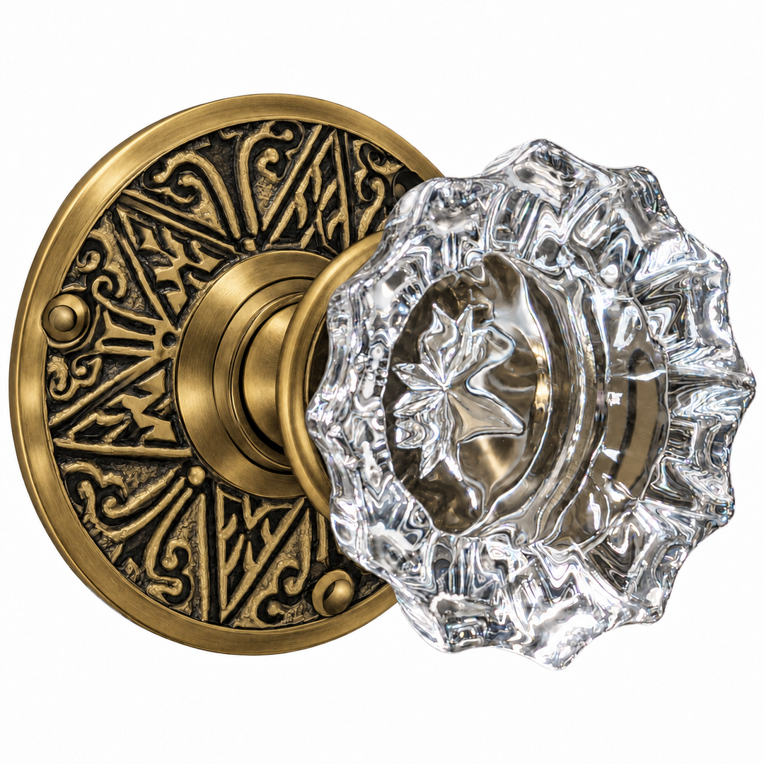 Eastlake Rosette Door Set with Fluted Crystal Door Knobs (Several Finishes Available)